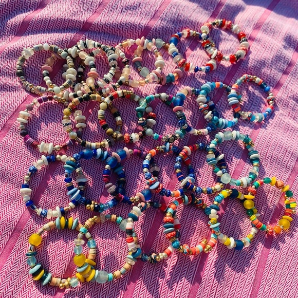 2 handmade beaded Adjustable & Stackable bracelets. Blues,silver, gold, … - Picture 3 of 14